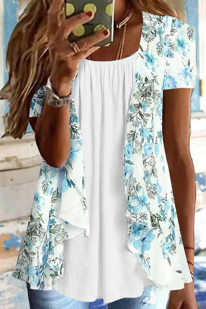 Floral Pattern Ruched Ruffle Trim 2-In-1 Blouse