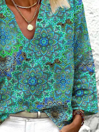 V Neck Floral Vacation Casual T-Shirt/Tee