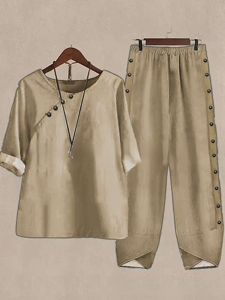 5/4 Sleeved Cotton Linen Top And Pants Two-piece Set