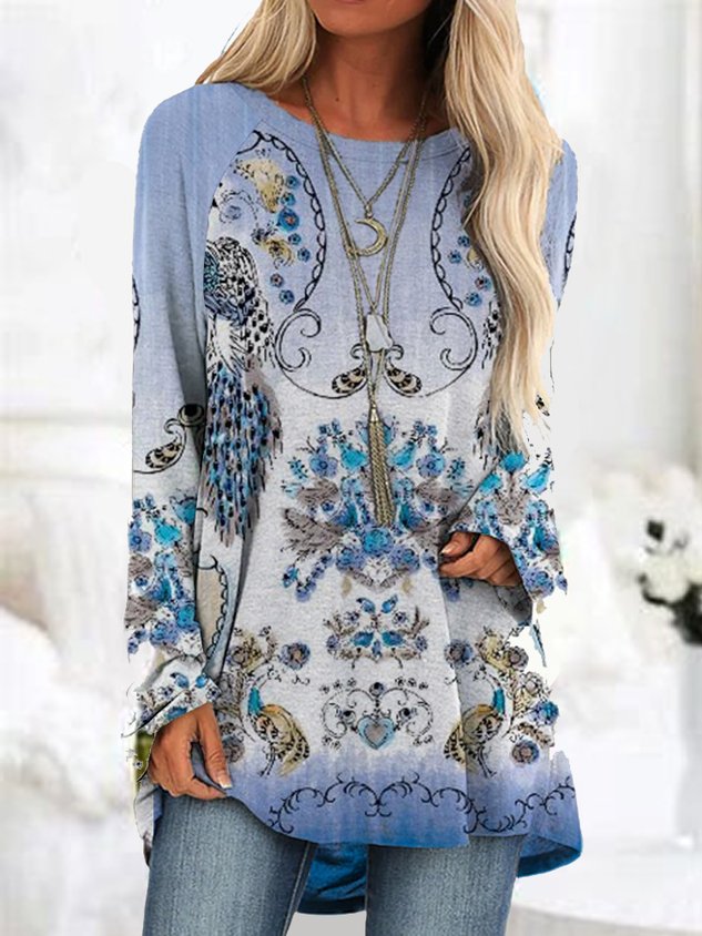 Crew Neck Long Sleeve Random Print Regular Medium Elasticity Loose Shirt For Women