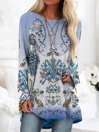 Crew Neck Long Sleeve Random Print Regular Medium Elasticity Loose Shirt For Women