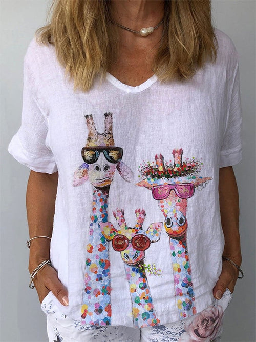 Women's Cotton Linen Giraffe Oil Painting Casual Top