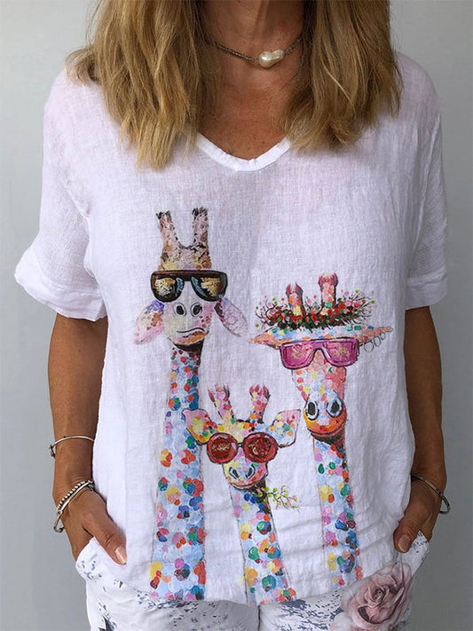 Women's Cotton Linen Giraffe Oil Painting Casual Top
