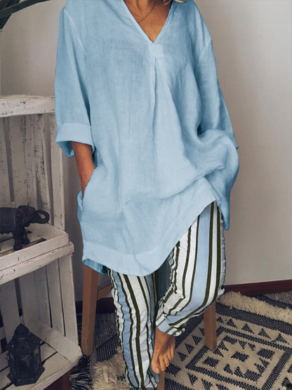 Women's V-neck Long Version Tee And Heavy Stripe Pants Suits