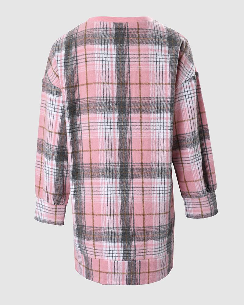 Plaid Print Colorblock Long Sleeve Sweatshirt Dress