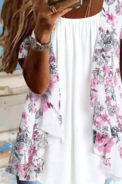 Floral Pattern Ruched Ruffle Trim 2-In-1 Blouse