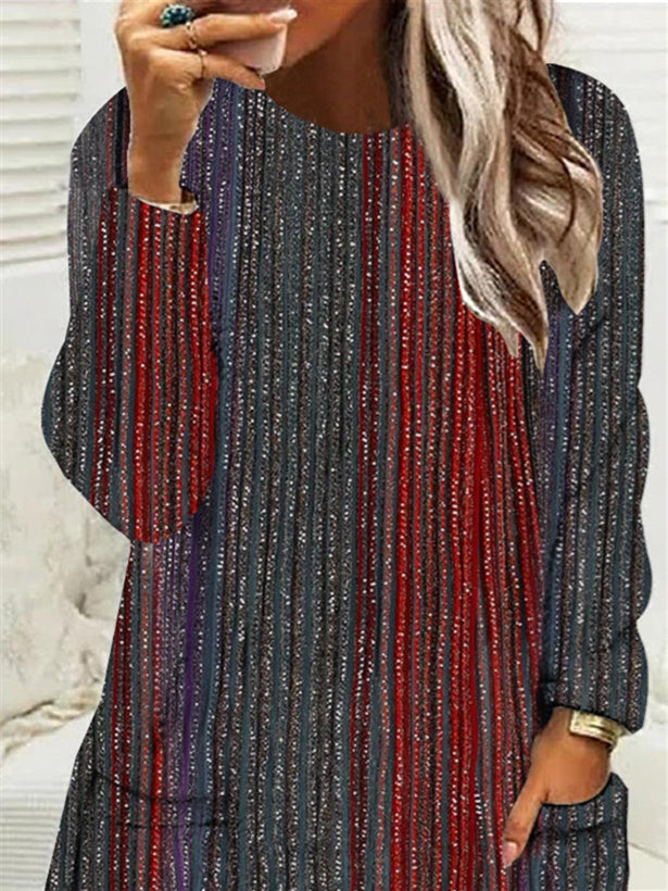 Women Long Sleeve Scoop Neck Striped Colorblock Pockets Tops