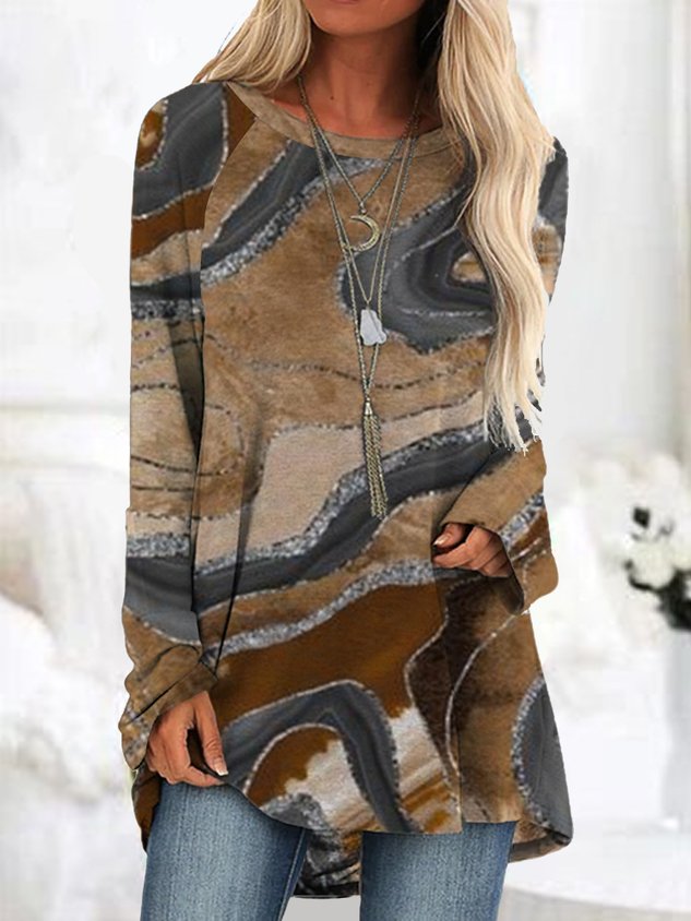 Crew Neck Long Sleeve Random Print Regular Medium Elasticity Loose Shirt For Women