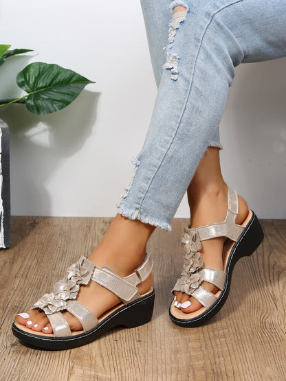 Flower Appliques Hook-and-loop Fastener Wedge Sandals