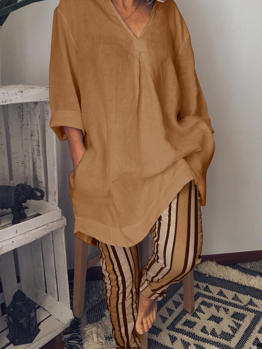 Women's V-neck Long Version Tee And Heavy Stripe Pants Suits