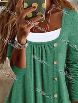 Women's Long Sleeve U-Neck Buttons Top