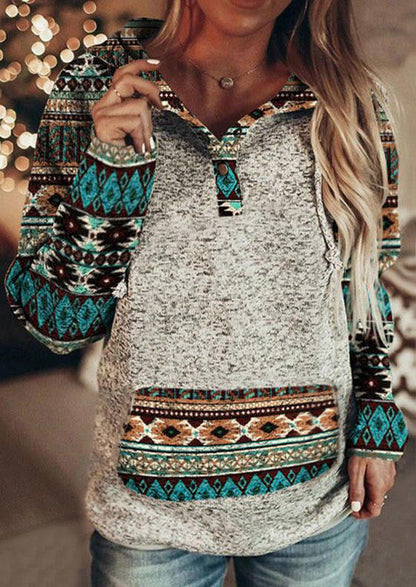Ethnic Geometric Snap Button Pocket Hoodie - Gray