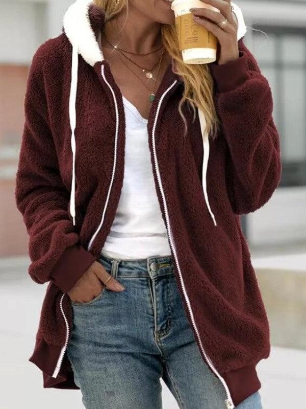 Zipper Up Drawstring Hooded Loose Plush Jacket(Clearance Sale)