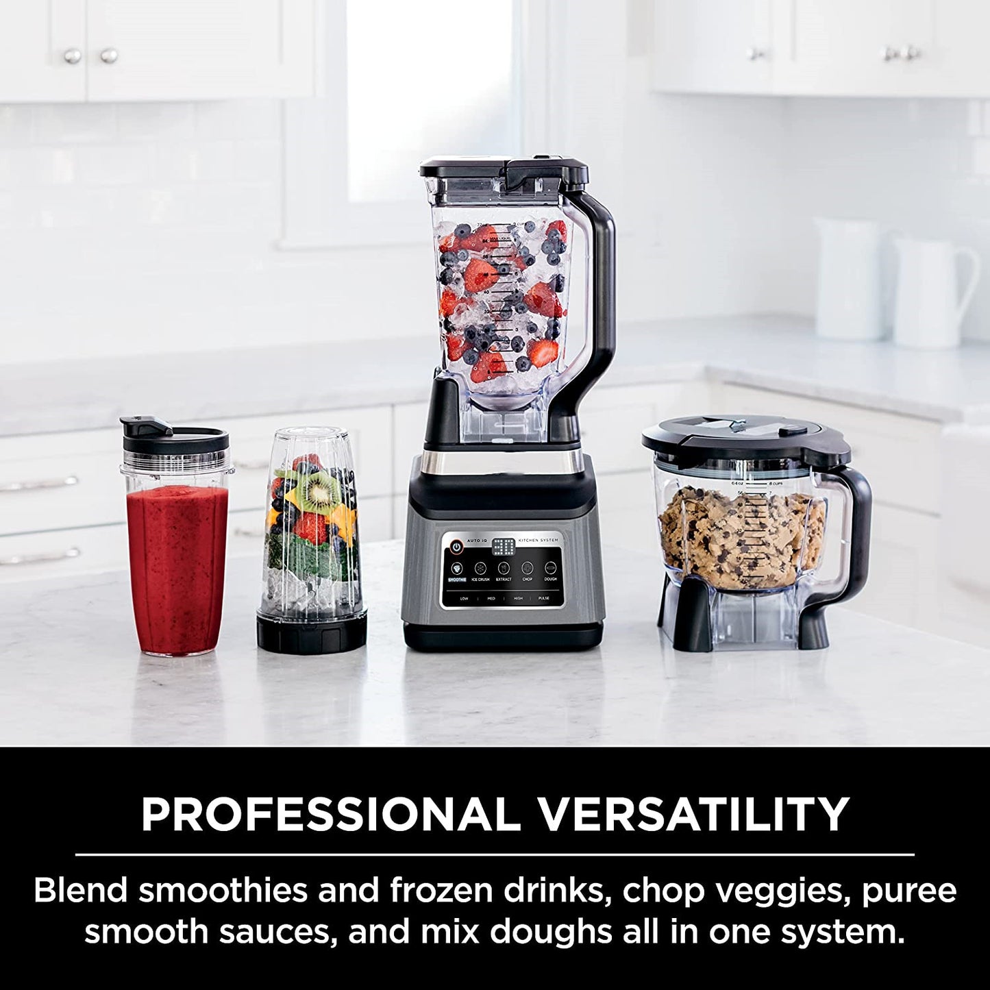 Mega Kitchen System, 72 oz. Pitcher, 8-Cup Food Processor, 16 oz. Single Serve Cup, 1500-Watt, Black