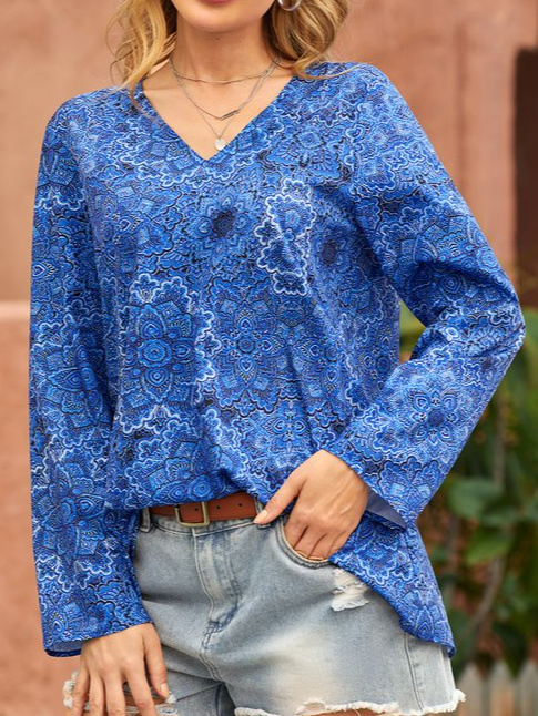 V Neck Floral Vacation Casual T-Shirt/Tee