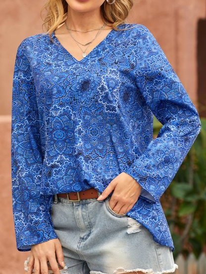 V Neck Floral Vacation Casual T-Shirt/Tee