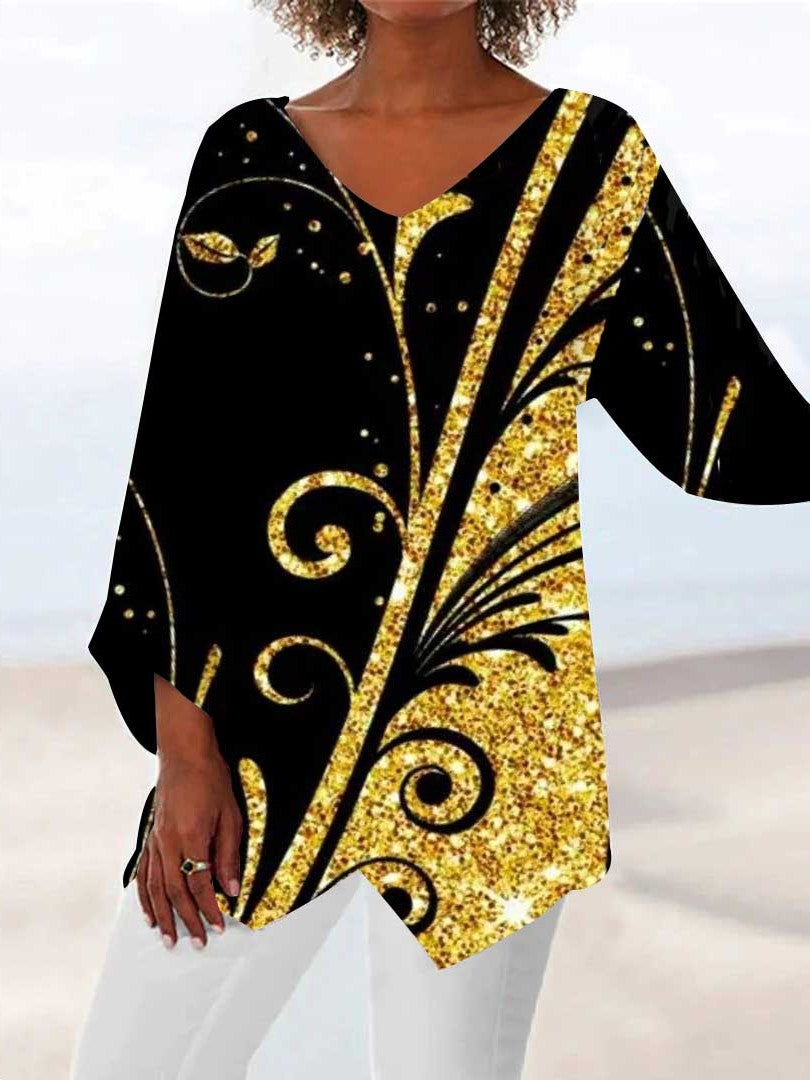 Women Asymmetrical 3/4 Sleeve V-neck Printed Graphic Top Dress