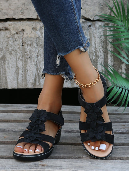 Flower Appliques Hook-and-loop Fastener Wedge Sandals