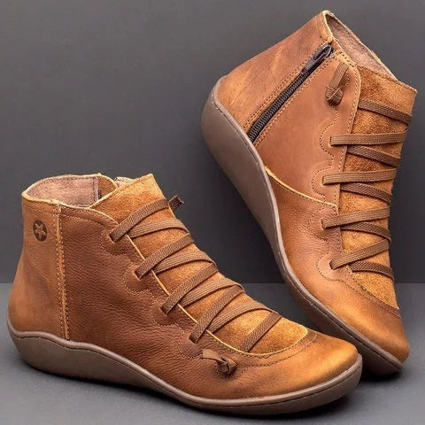 New Leather Ankle Boots Autumn Vintage Lace Up Women Shoes Comfortable Flat Heel Boots Female Zipper Short Boots Dropshipping