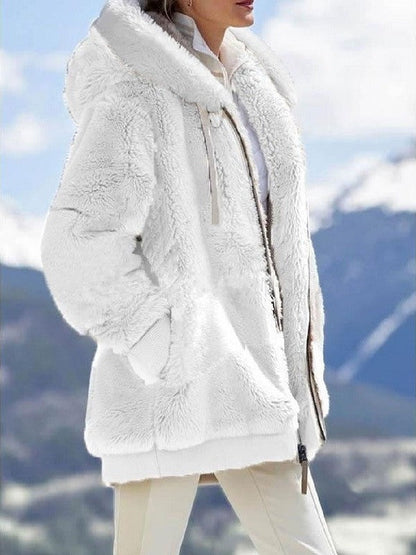 Zipper Up Drawstring Hooded Loose Plush Jacket(Clearance Sale)