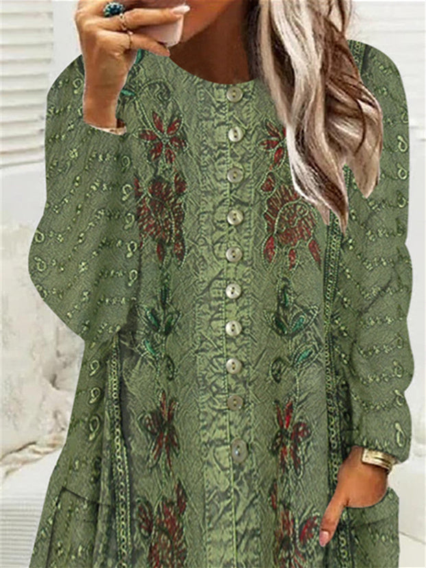 Women Long Sleeve Scoop Neck Printed Button Pockets Fleece Lined Tops