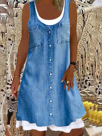 Women Denim Sleeveless Casual Mini Dress(Contains lining)
