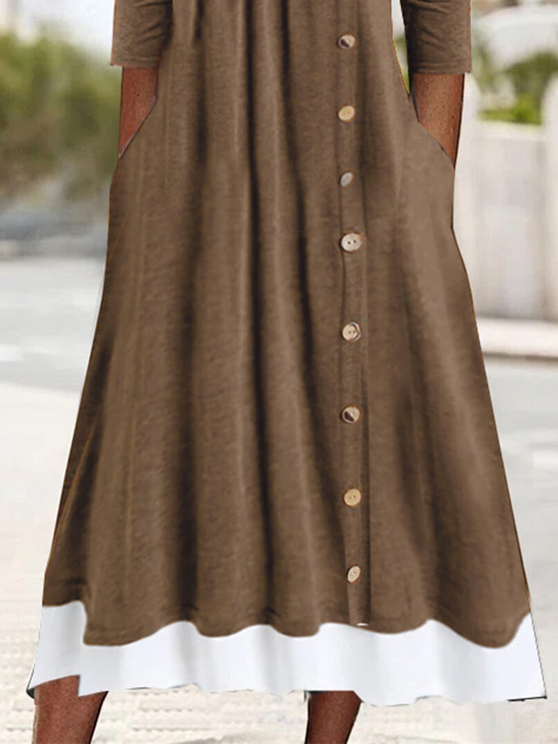 Women's Long Sleeve U-neck Button Midi Dress