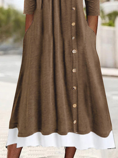 Women's Long Sleeve U-neck Button Midi Dress