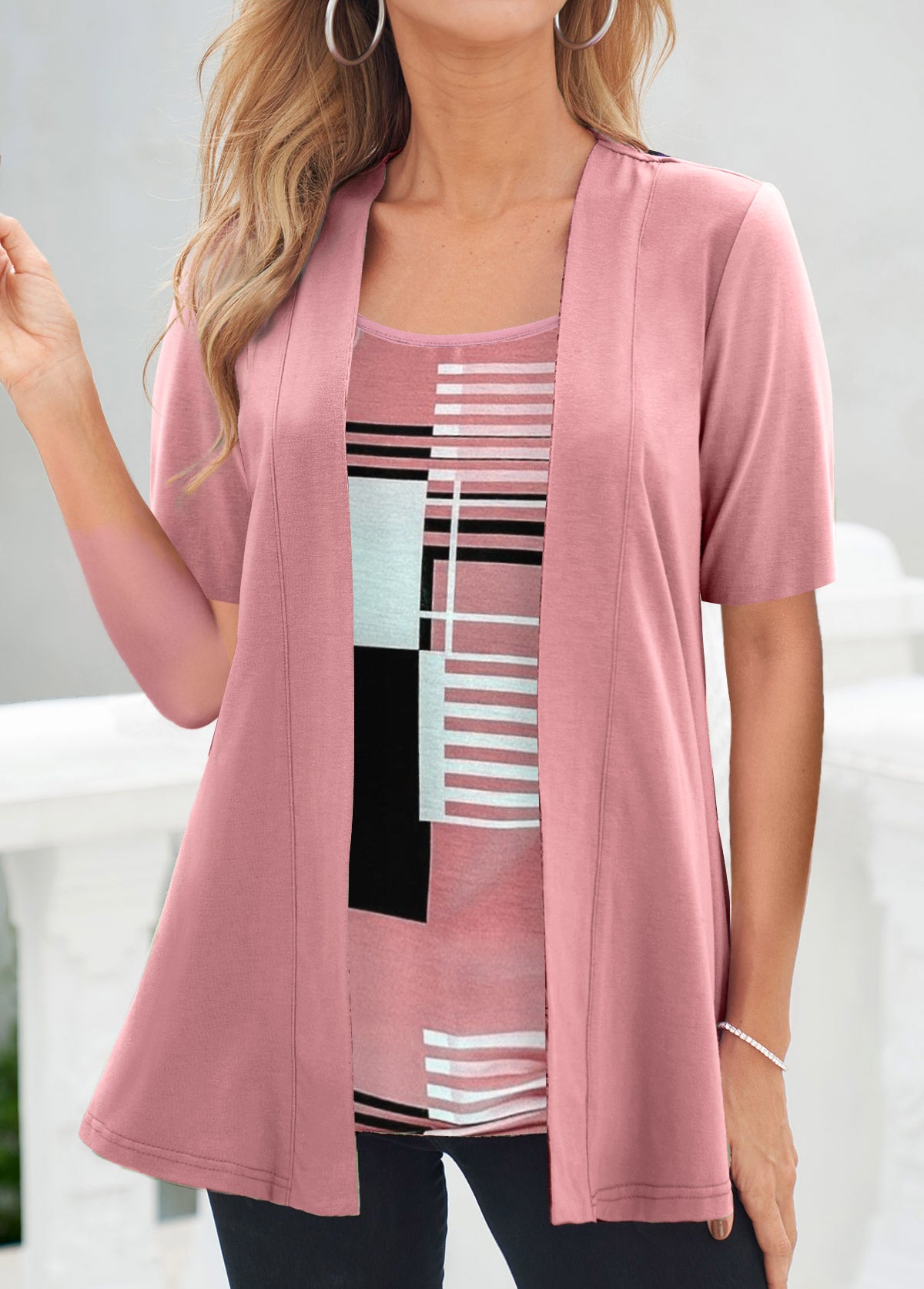 Pink Fake 2in1 Geometric Print T Shirt
