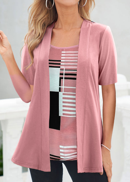 Pink Fake 2in1 Geometric Print T Shirt