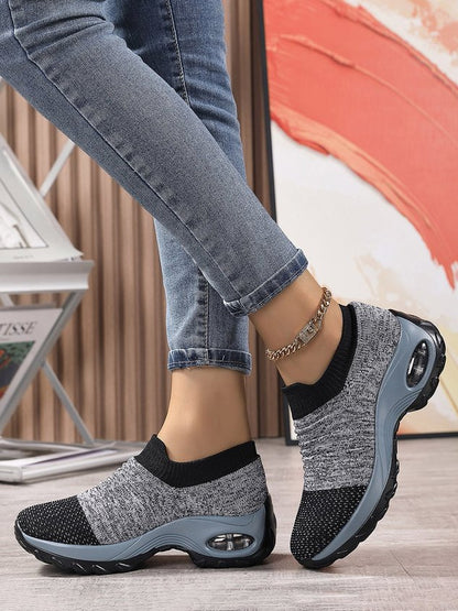 Sports Color Block Breathable Slip On Block Heel Fly Woven Shoes