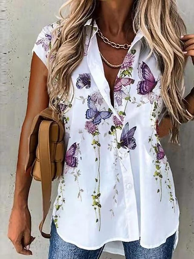 Women's Shirt Blouse Black White Blue Butterfly Button Print Short Sleeve Casual Weekend Basic Shirt Collar Regular Butterfly S