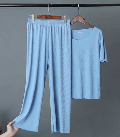 Crew Neck Casual Plain Two-Piece Set
