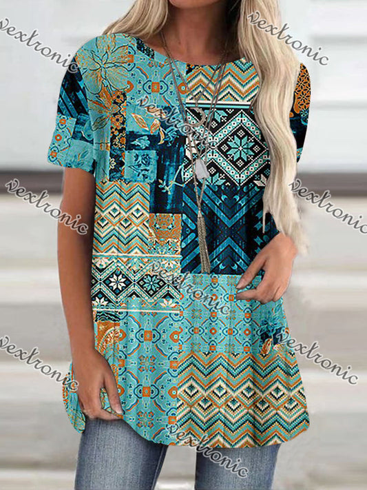 Women Short Sleeve Scoop Neck Floral Printed Graphic Geometric Tops