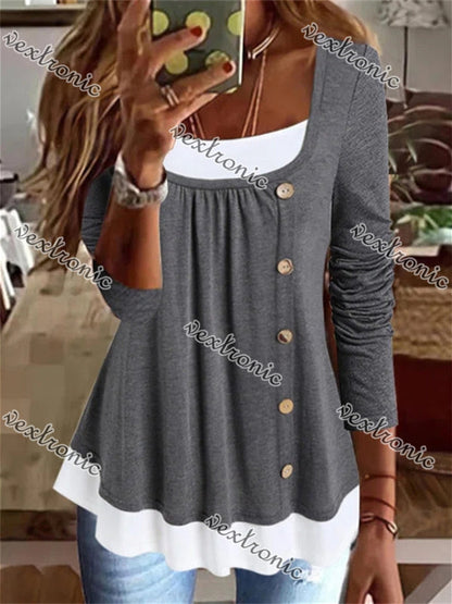 Women's Long Sleeve U-Neck Buttons Top