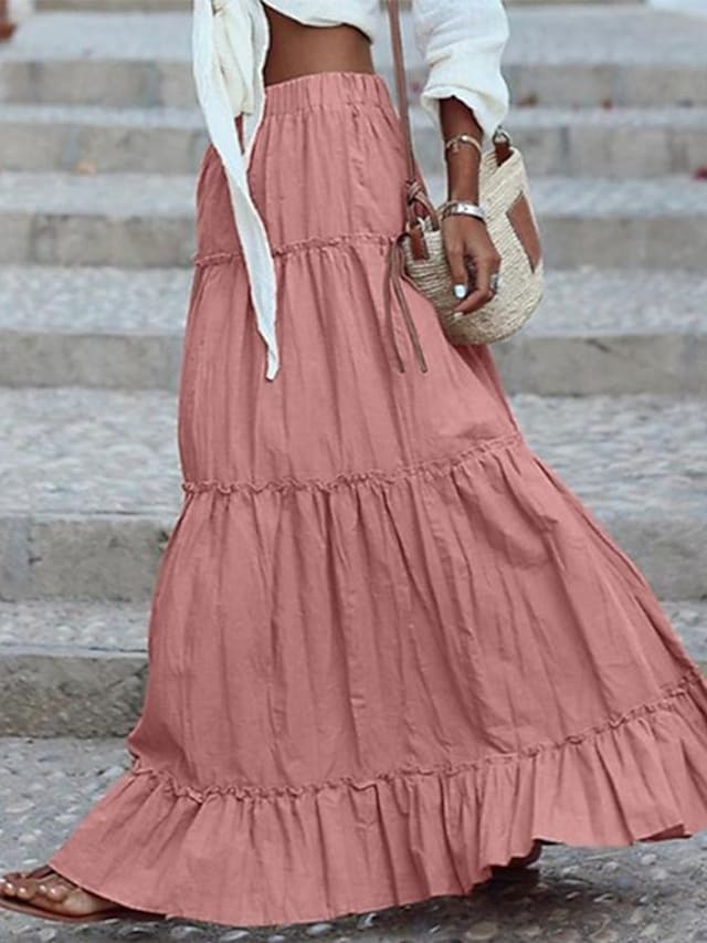 Women's Skirt Swing Maxi Cotton Blend Black Pink khaki Skirts Ruffle Fashion Casual Daily S M L