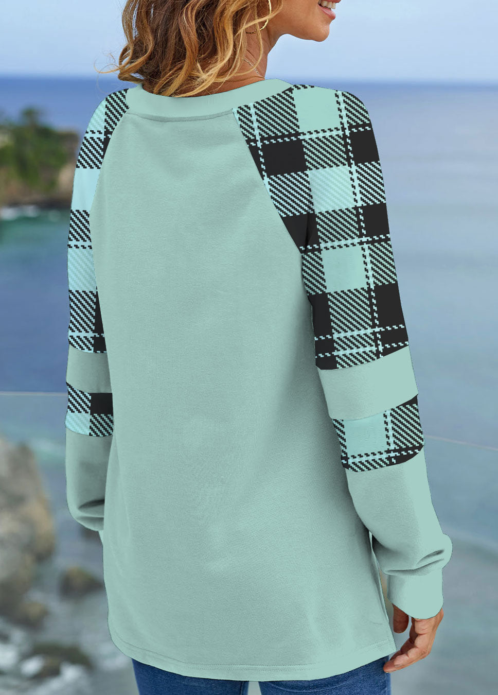 Long Sleeve Split Neck Contrast Sweatshirt