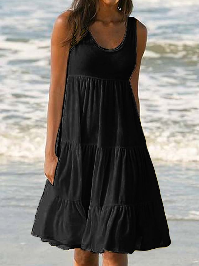 Women's White Dress Sundress Midi Dress Black And White Light Pink Green Sleeveless Pure Color Ruched Spring Summer Crew Neck Basic Boom Sale Dress S M L XL XXL 3XL 4XL 5XL