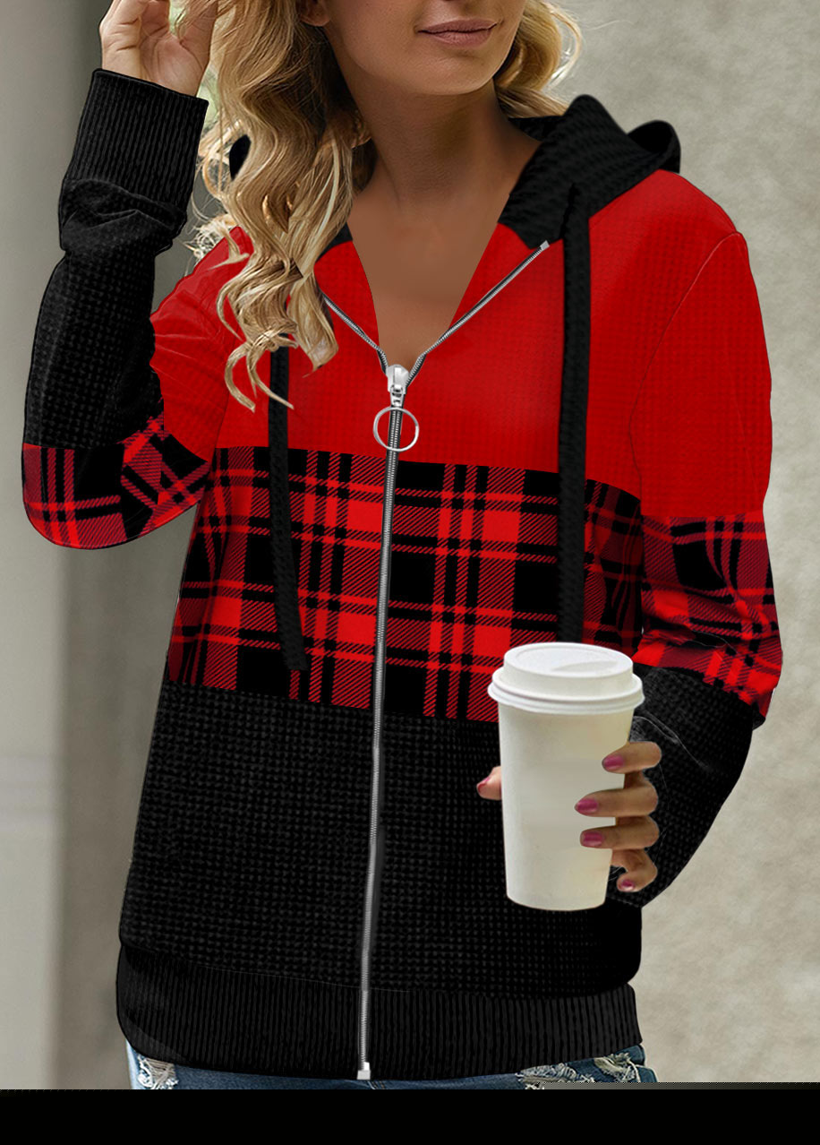 Red Patchwork Plaid Long Sleeve Hoodie