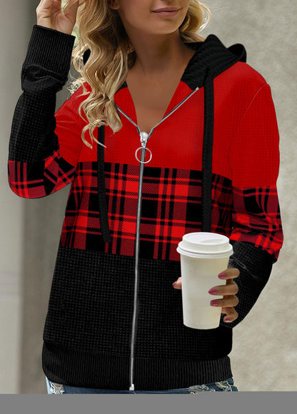 Red Patchwork Plaid Long Sleeve Hoodie