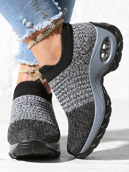 Sports Color Block Breathable Slip On Block Heel Fly Woven Shoes