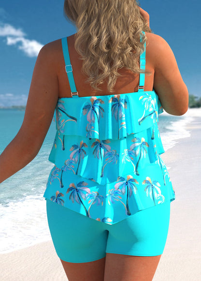 COCONUT TREE PRINT CYAN LAYERED HEM TANKINI SET