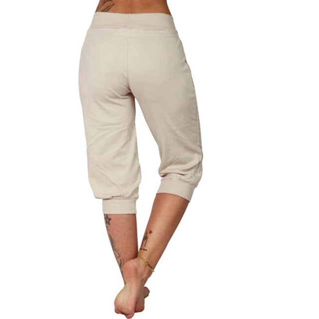 Women's Yoga Pants Drawstring with Pockets Cropped Tummy Control High Waist Yoga Fitness Gym Workout Capri Pants Bottoms Dark Grey Navy Apricot Spandex Sports Activewear High Elasticity Loose Fit