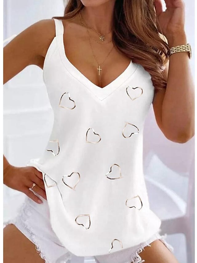 Women's Tank Top Black White Pink Heart Print Sleeveless Casual Weekend Basic V Neck Regular S