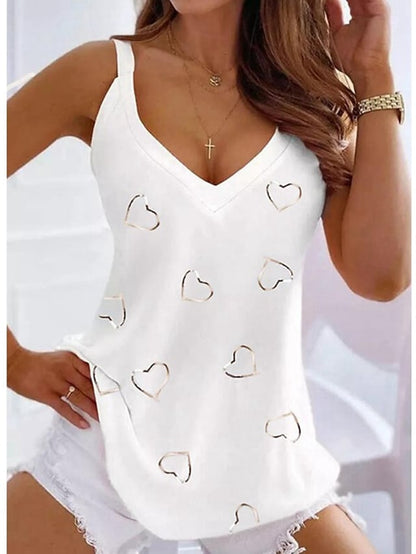 Women's Tank Top Black White Pink Heart Print Sleeveless Casual Weekend Basic V Neck Regular S