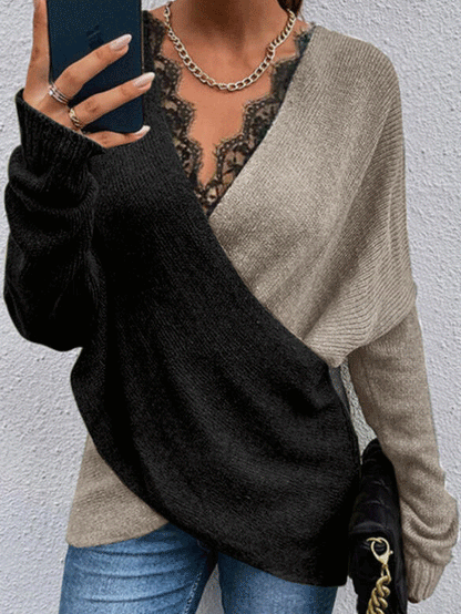 Women's Sweaters Two Color Lace V-Neck Long Sleeve Sweater