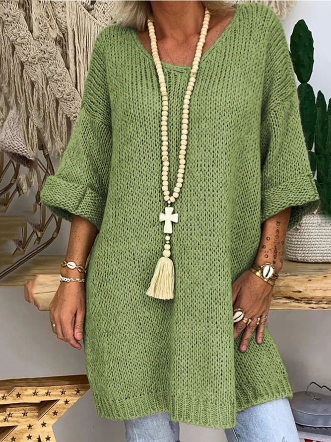 Women 3/4 Sleeves V-Neck Solid Knitted Sweaters