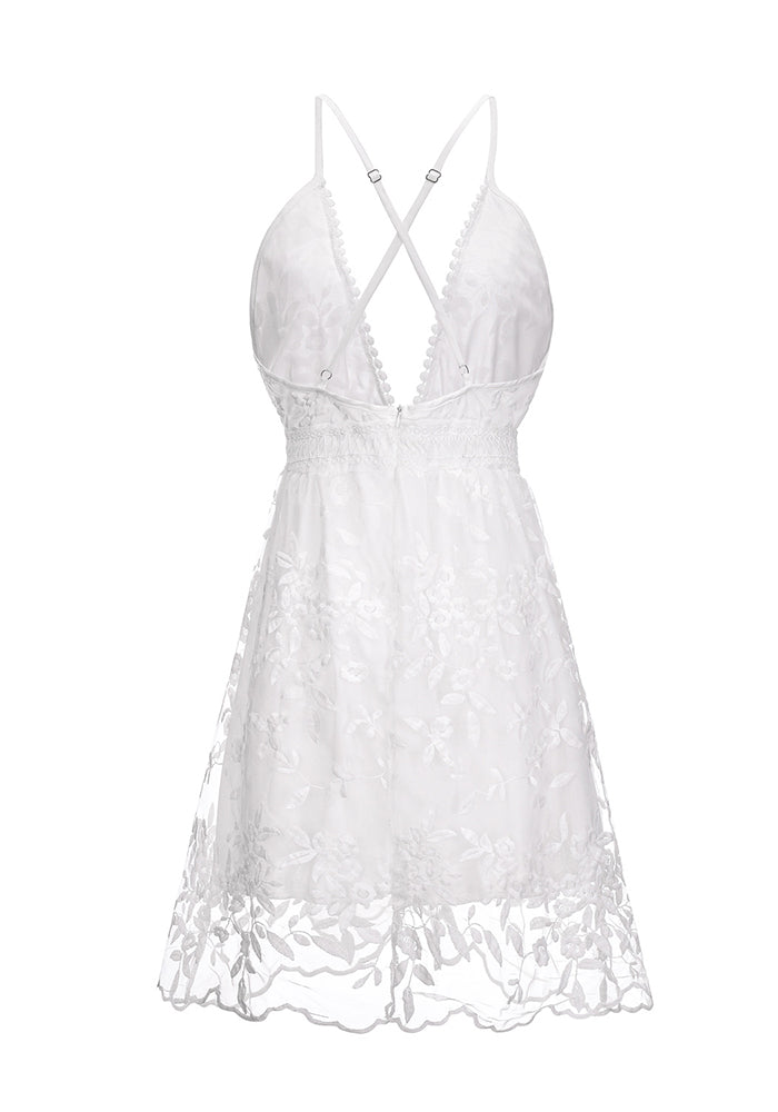 No Tears Here Lace Embroidered V-Neck White Dress