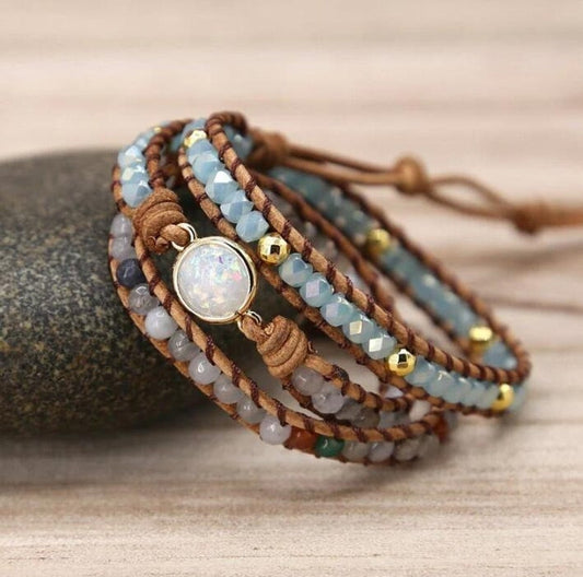Bracelet de protection en opale de guérison - Bracelet de méditation en perles d'opale - Bracelet inspirant en opale naturelle et pierre de lune - Bracelet manchette en cuir