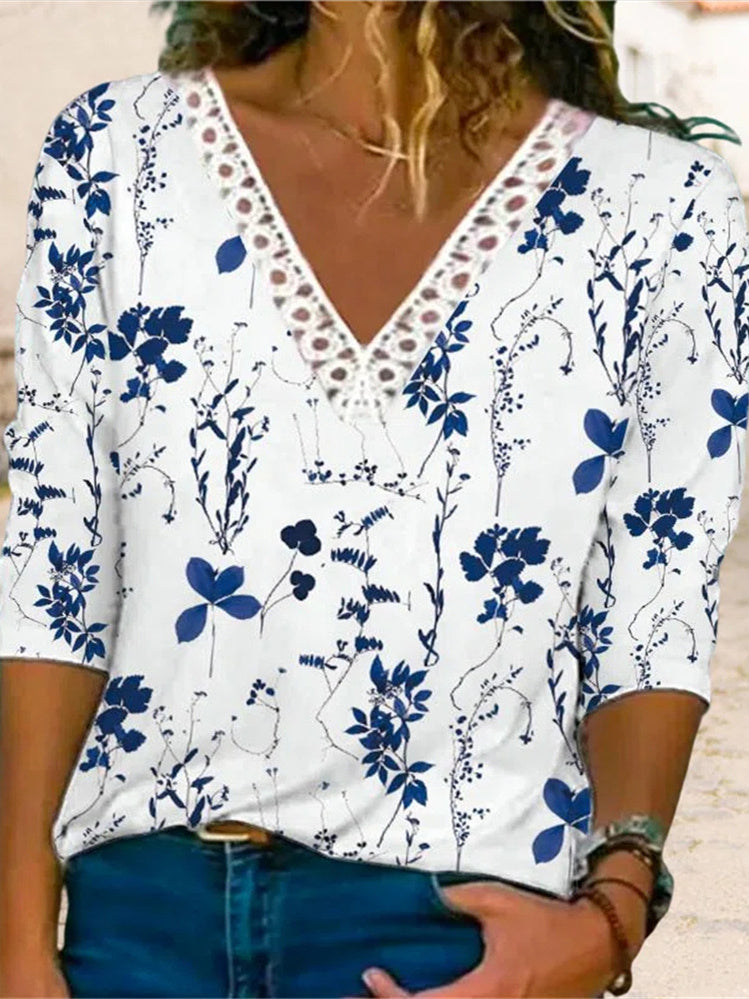 Women V-neck Long Sleeve Floral Printed Lace Tops